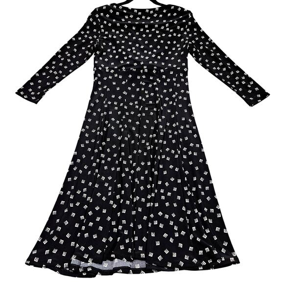 Lauren Ralph Lauren Dress Size 6 Black White Geo Print Long Sleeve Midi Y2K - Picture 3 of 10